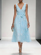 Light Pink Bow Embroidery Classic V Neck Sleeveless A-Line Midi Dress With Pockets
