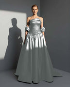 Satin Asymmetric Strapless Sleeveless Long Pleated A-Line Prom Dress With Beadings And Ruffles YK0766
