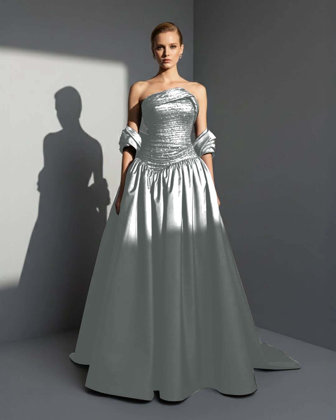 Satin Asymmetric Strapless Sleeveless Long Pleated A-Line Prom Dress With Beadings And Ruffles YK0766