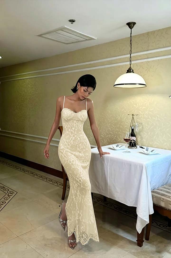 Cocoslly Spaghetti Straps Sleeveless High Waist Long Mermaid Prom Dress | Red Lace LR0435
