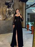Lace Square Neck  Lantern Long Sleeves Long A-Line Pleated Prom Dress With Split And Corset YK0413