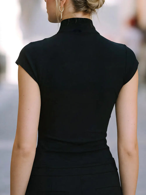 Asymmetric Cutout High-Neck Fitted T-Shirt
