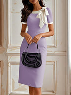 White Bow Short Sleeve Sheath Midi Dress