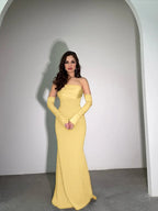 Strapless Sleeveless High-Waisted Long Pleated Mermaid Prom Dress With Rhinstone And Gloves YK0618
