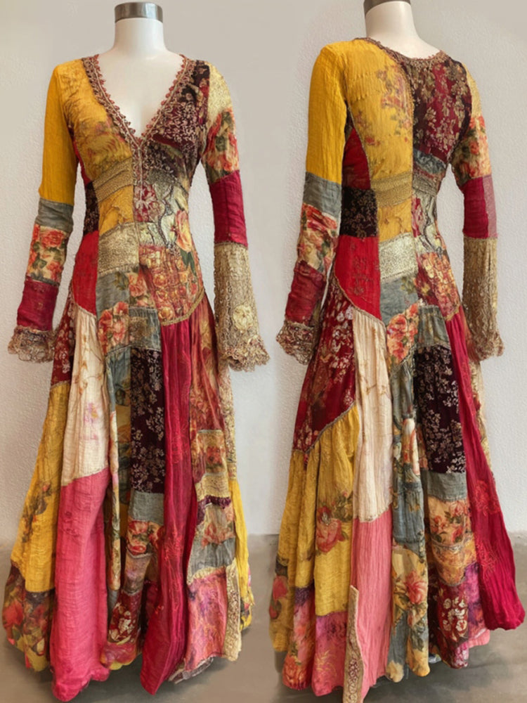 Women's Bohemian Hippie Floral Print Long-sleeved Maxi Dress