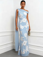 Light Blue Jacquard Classic One Shoulder Sleeveless Mermaid Floor-length Gown Dress