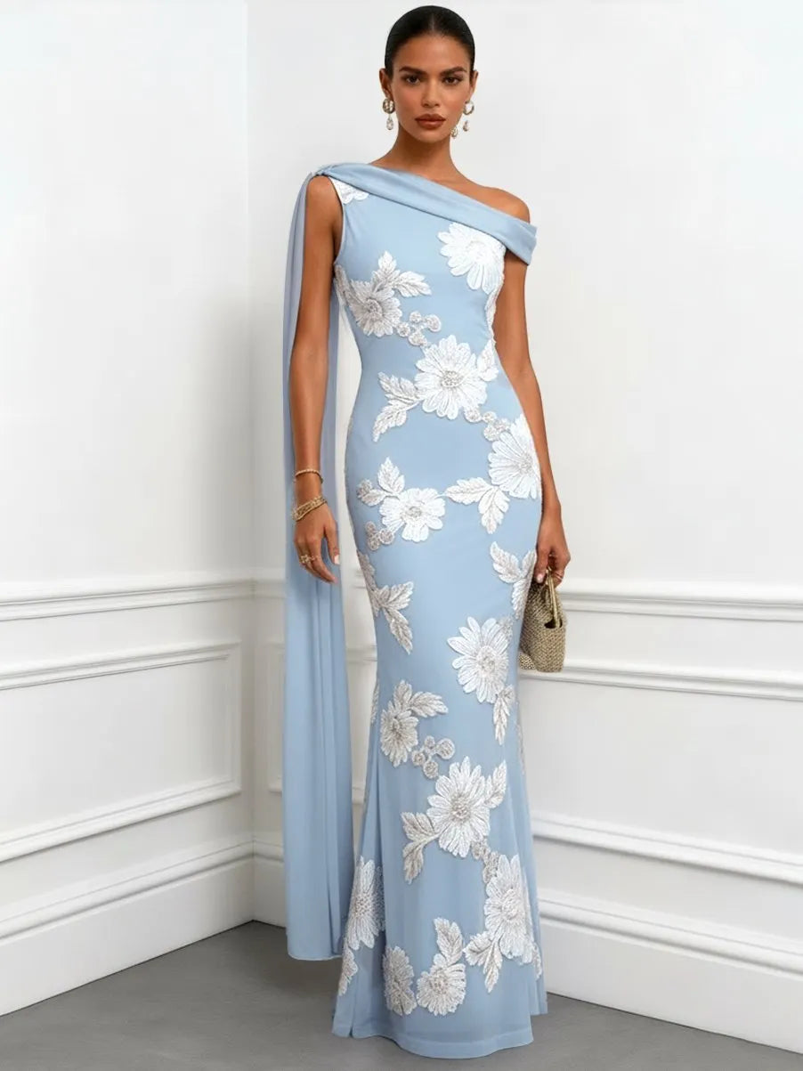 Light Blue Jacquard Classic One Shoulder Sleeveless Mermaid Floor-length Gown Dress