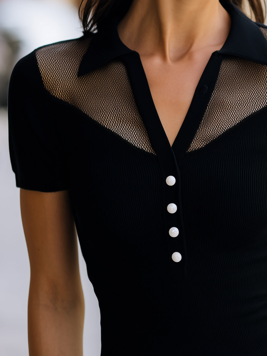 Mesh Panel Polo Neck Ribbed Knit Top With White Pearl Buttons