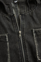 Casual Loose Retro Pocket Long Sleeve Hooded Zipper Denim Jumpsuit