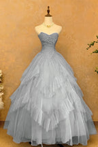 Cocoslly Strapless Sleeveless High Waist Long Prom Dress With Ruffles | Sky Blue Tulle YC0473