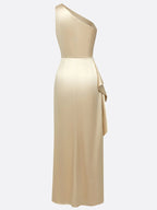 Champagne Ruffled Ruched Satin One Shoulder Sleeveless Sheath Floor-length Gown Dress