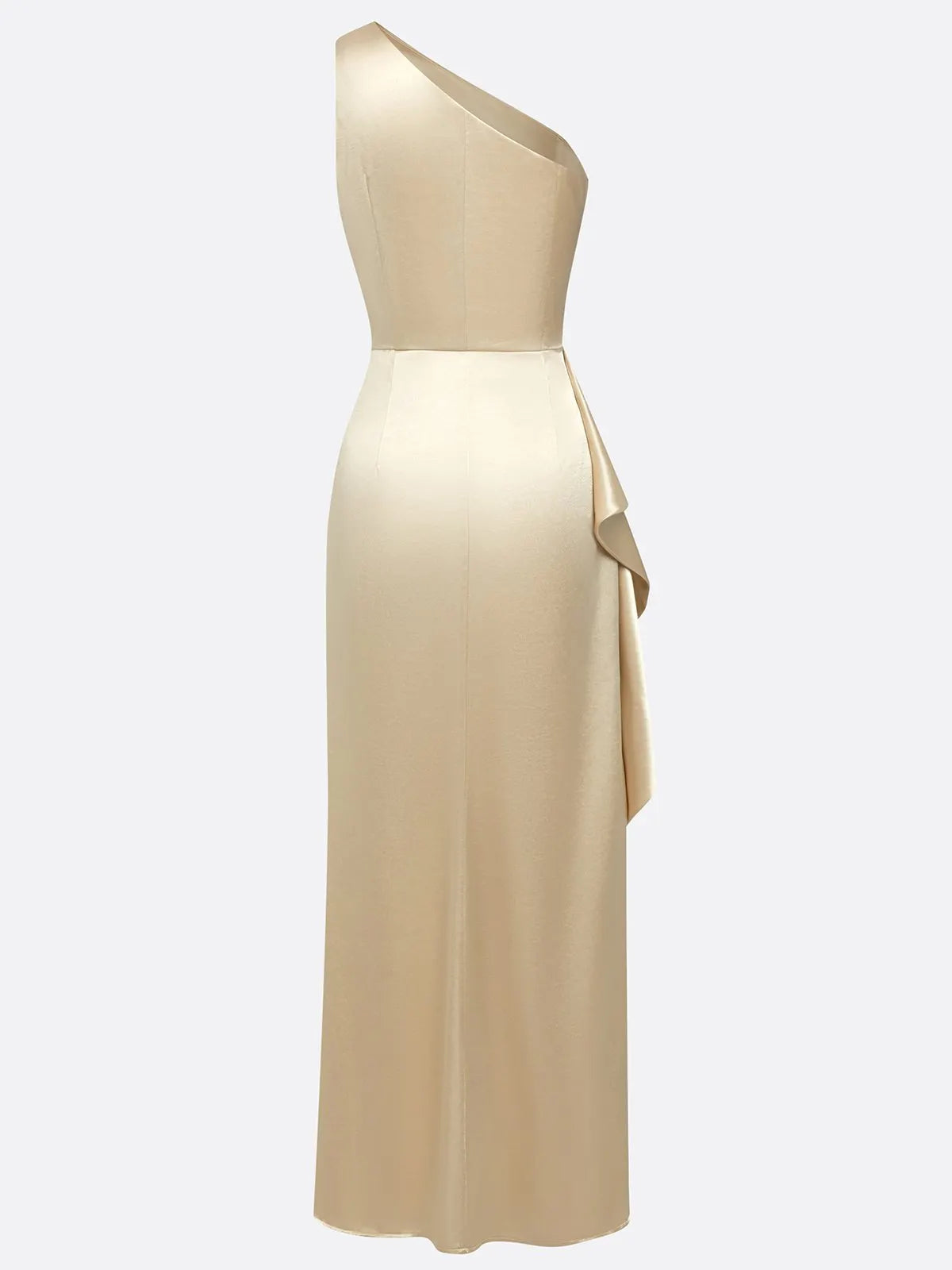 Champagne Ruffled Ruched Satin One Shoulder Sleeveless Sheath Floor-length Gown Dress
