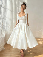 Satin Strapless Spaghetti Straps Sleeveless Pleated A-Line Prom Dress With Pleated And Bows YK0612