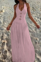 Cocoslly Halter V-Neck Sleeveless High Waist Long Prom Dress With Rhinstone | Ivory Chiffon XJ0755