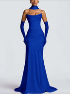 Strapless Sleeveless Long Pleated Mermaid Prom Dress With Ruffles And Gloves YK0718