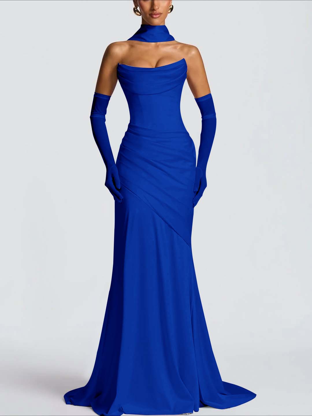 Strapless Sleeveless Long Pleated Mermaid Prom Dress With Ruffles And Gloves YK0718