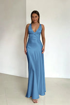 Cocoslly Halter V-Neck Sleeveless High Waist Long Prom Dress | Royal Blue Satin ZT0693