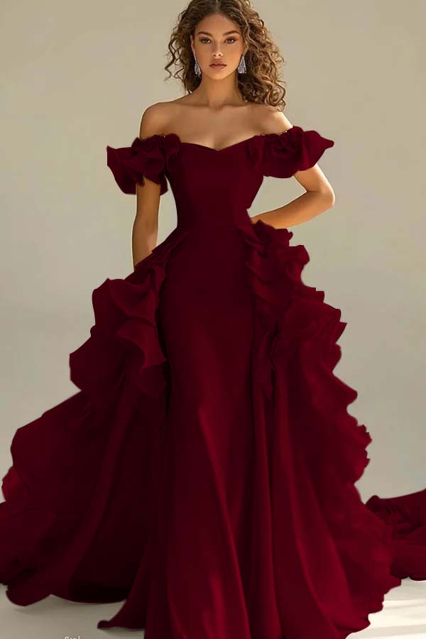 Off the Shoulder Sleeveless Long Mermaid Prom Dress With Ruffles JQ0149
