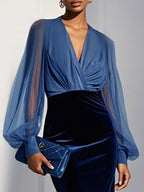 Navy Blue Mesh Split Joint Balloon Sleeve Sheath Midi Velvet Dress