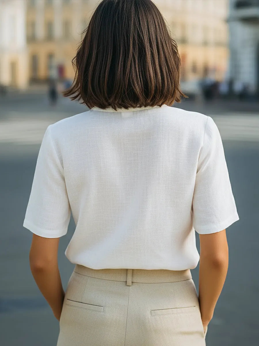 Lace-Trim V-Neck Button-Front Short Sleeve Blouse