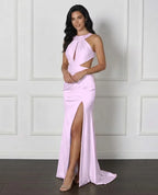 Cocoslly Halter Sleeveless High Waist Long Prom Dress With Split And Pleated | White Satin LX0111