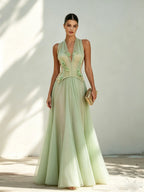 Green Chiffon V Neck Sleeveless A-Line Floor-length Gown Dress