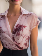 Floral Print Draped Wrap Collar Short Sleeve Blouse