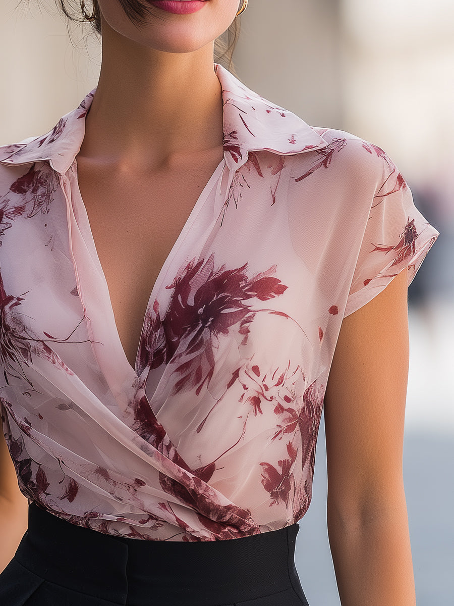 Floral Print Draped Wrap Collar Short Sleeve Blouse
