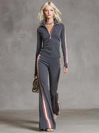 Elegant Retro Sporty Gray Cotton Fabric Lapel Front Zipper Top And Pant Set