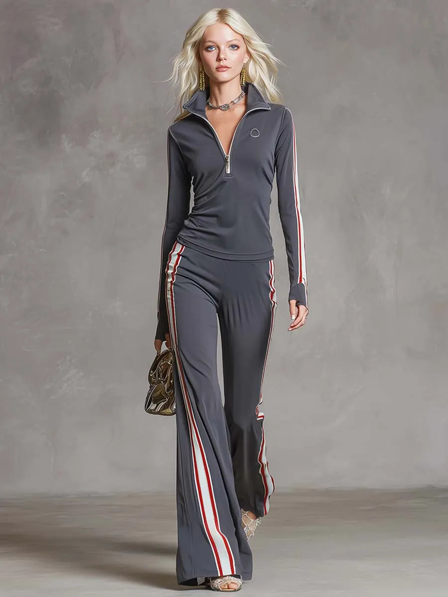 Elegant Retro Sporty Gray Cotton Fabric Lapel Front Zipper Top And Pant Set