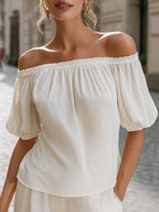 Off-Shoulder Pleated Puff Sleeve Blouse