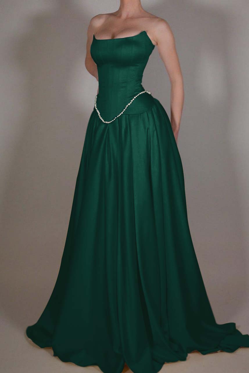 Cocoslly Strapless Sleeveless Long A Line Prom Dress With Pleated Beading