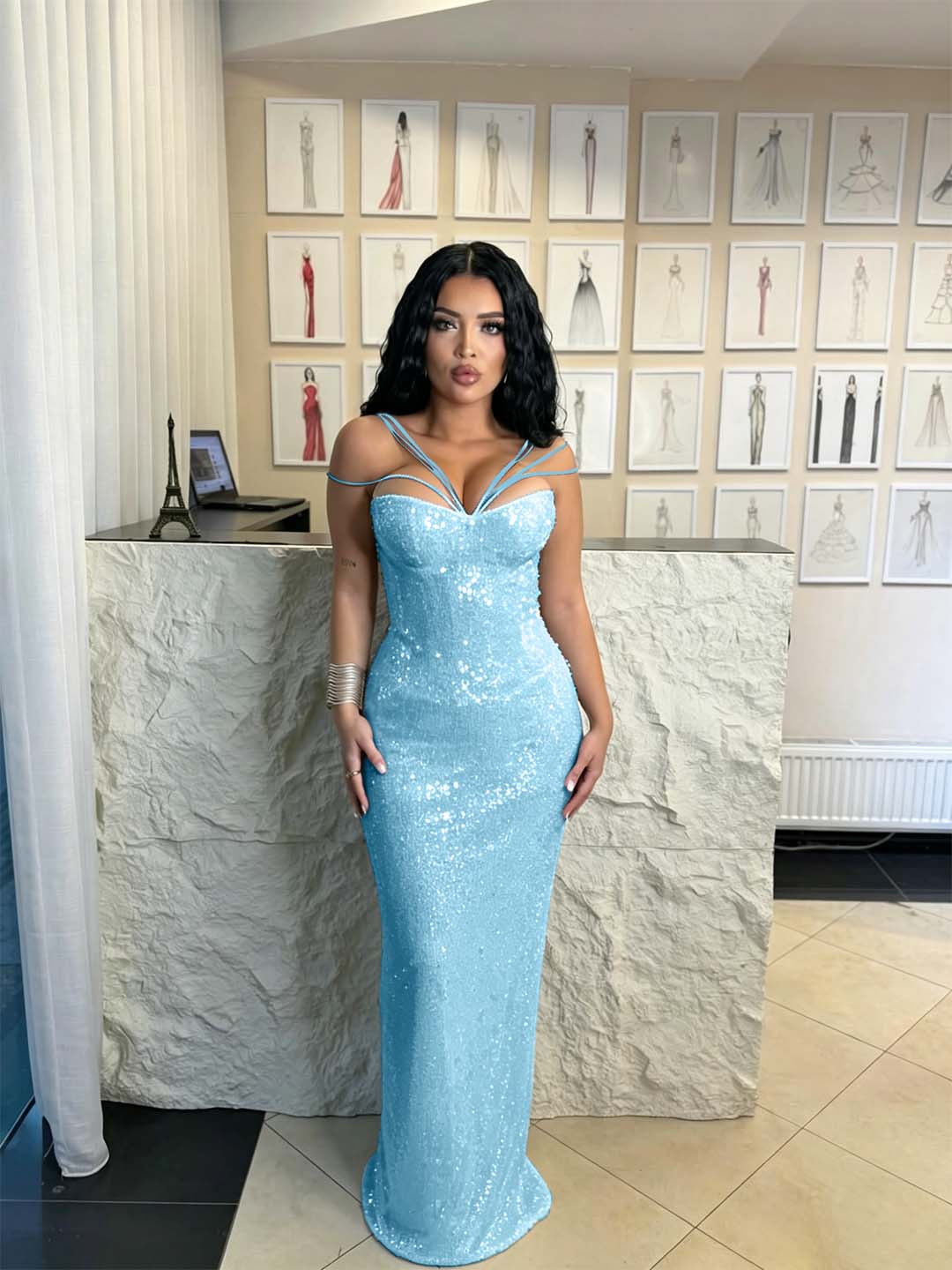 Cocoslly Spaghetti Straps Sleeveless High Waist Long Mermaid  Prom Dress | Brown Sequins YK0969
