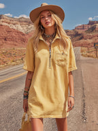 Vintage-style Casual Pale Yellow Denim Short-sleeve Mini Dress