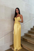 Cocoslly Spaghetti Straps Sleeveless Long Prom Dress With Beadings Tassel | Gold Beaded-Embroidered ZA0298