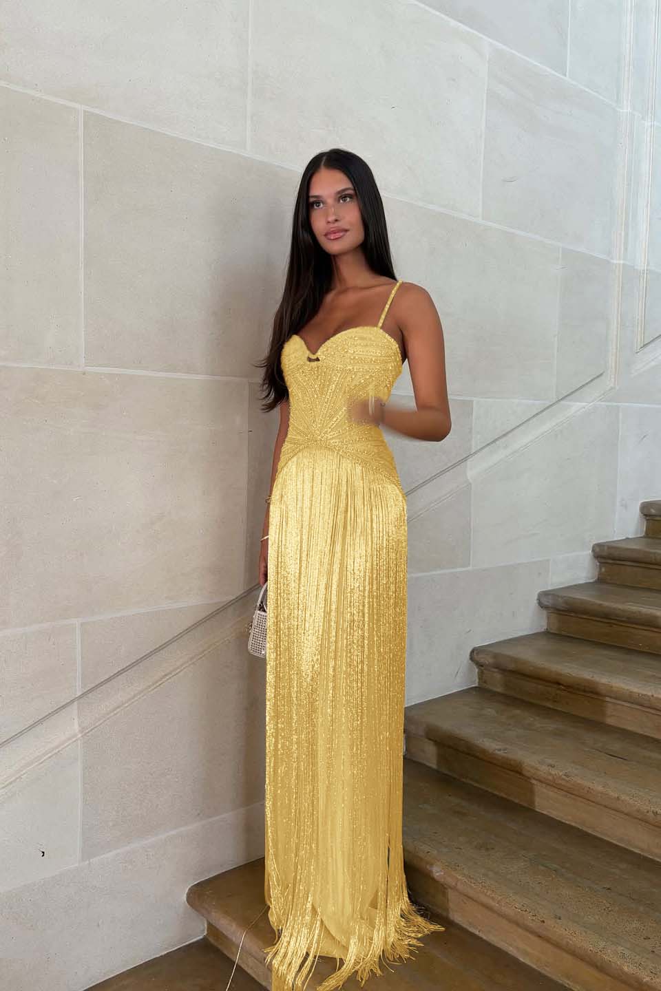 Cocoslly Spaghetti Straps Sleeveless Long Prom Dress With Beadings Tassel | Gold Beaded-Embroidered ZA0298