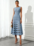 Blue Devore Classic Boat Neck Sleeveless A-Line Midi Dress
