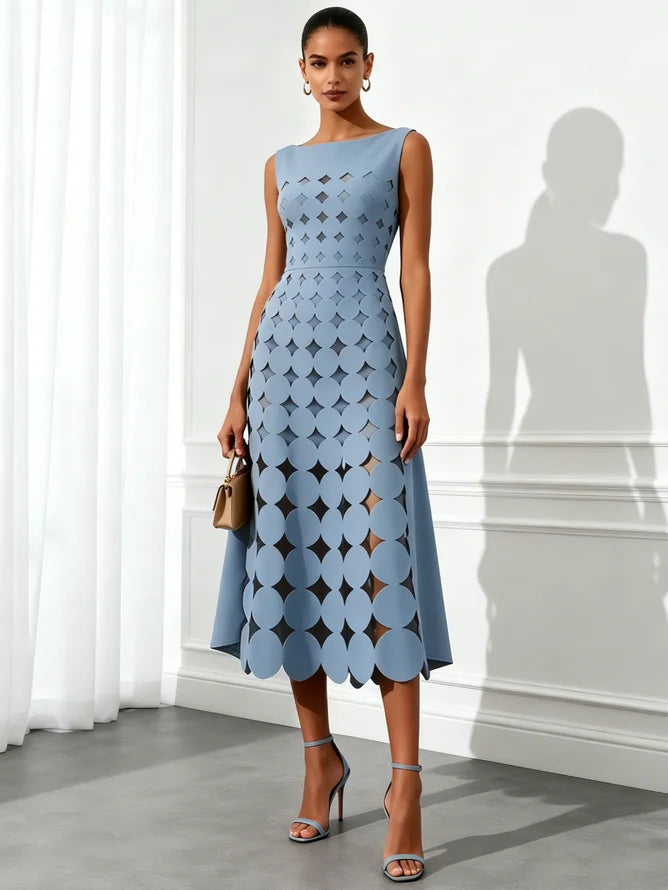 Blue Devore Classic Boat Neck Sleeveless A-Line Midi Dress