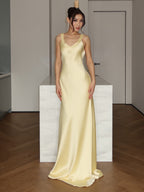 Cocoslly Spaghetti Straps V-Neck Sleeveless High Waist Long Prom Dress | Daffodil Satin CO0127