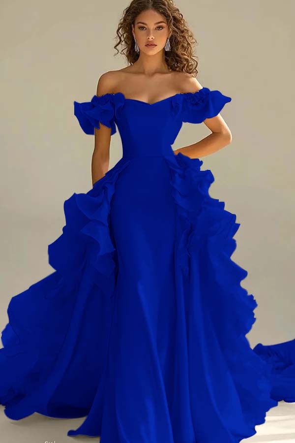 Off the Shoulder Sleeveless Long Mermaid Prom Dress With Ruffles JQ0149