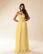 Strapless Sleeveless Long Pleated A-Line Prom Dress With Beadings And Rhinstone YK0781
