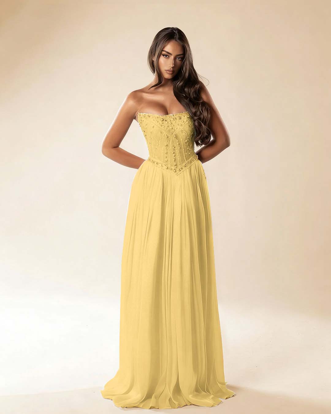 Strapless Sleeveless Long Pleated A-Line Prom Dress With Beadings And Rhinstone YK0781