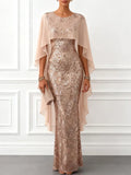 Champagne Glitter Sequin Crew Neck Cap Sleeve Sheath Floor-length Gown Dress