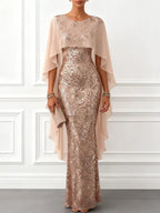 Champagne Glitter Sequin Crew Neck Cap Sleeve Sheath Floor-length Gown Dress