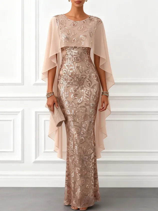 Champagne Glitter Sequin Crew Neck Cap Sleeve Sheath Floor-length Gown Dress