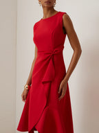 Red Asymmetric Ruffled Classic Boat Neck Sleeveless Midi Elegant A-line Dress with Waist Twist for Day-to-Night