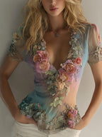 Women's Boho Spring With Floral Gradient Art Flowy Linen Blend Short Sleeve Tops