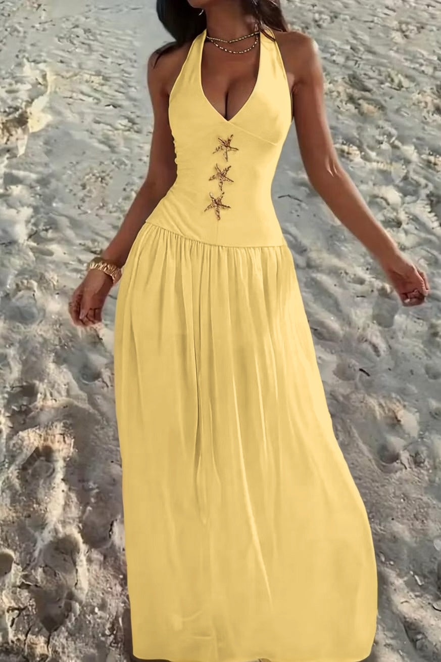 Cocoslly Halter V-Neck Sleeveless High Waist Long Prom Dress With Rhinstone | Ivory Chiffon XJ0755