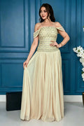Cocoslly Off-The-Shoulder Sleeveless High Waist Long Prom Dress With Rhinstone | Champage Chiffon LR0566
