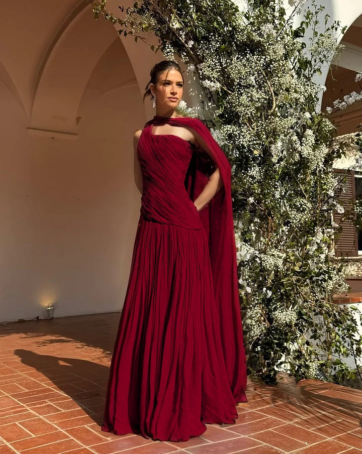 Chic One Shoulder Sleeveless Long Prom Dress With Pleated Shawl WQ0343